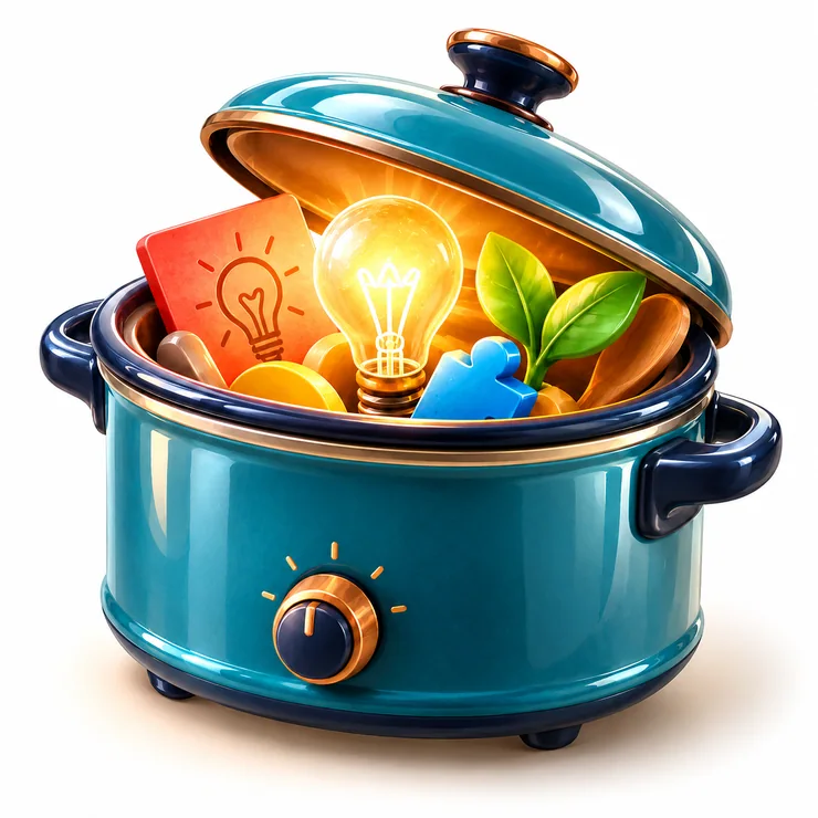 A polished teal crockpot overflowing with colorful symbols of ideas, growth, and creativity.